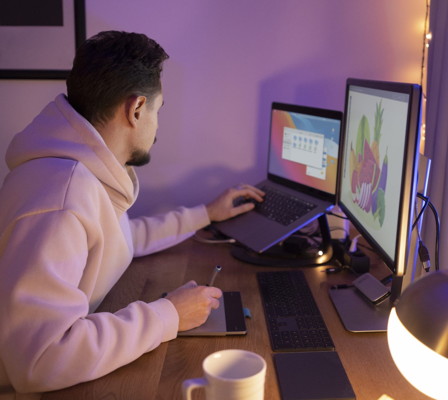 Hombre moreno con sudadera rosa trabajando un diseño con el ordenador