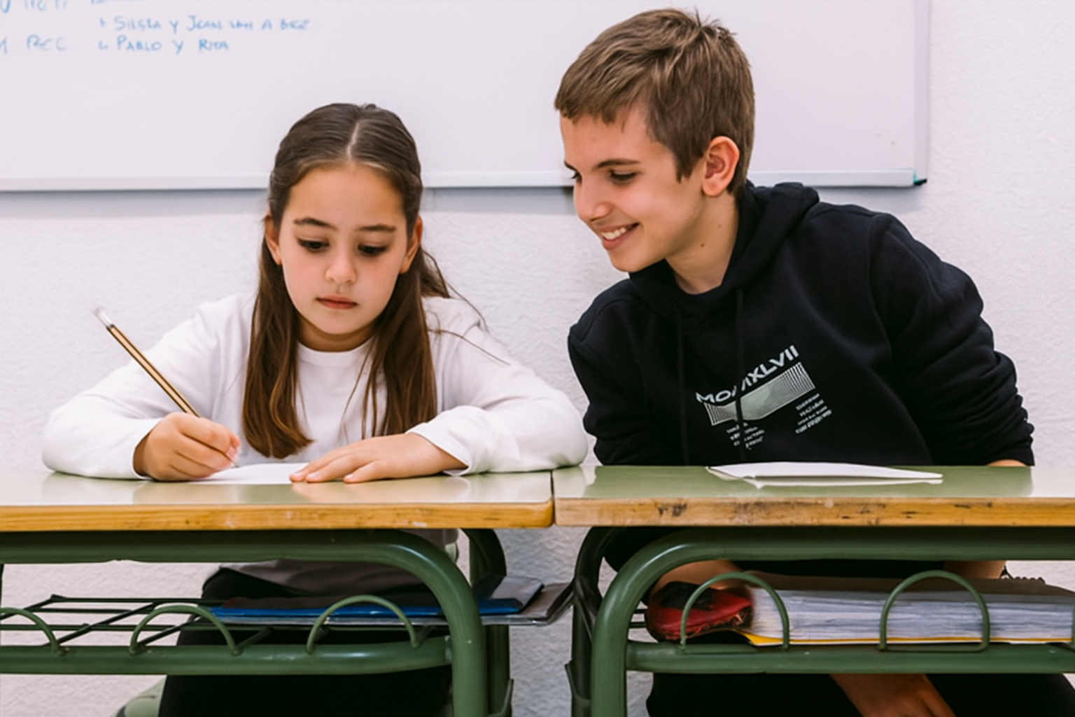 Un chico y una chica estudiantes sentado en dos pupitres
